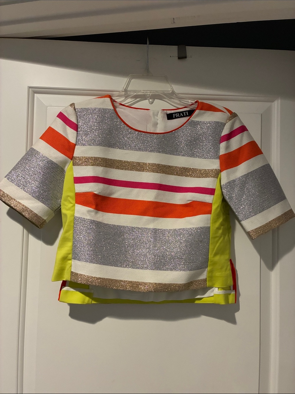 Pratt Colorblock Metallic Stripe Short-Sleeve Top - Multi/Neon Yellow